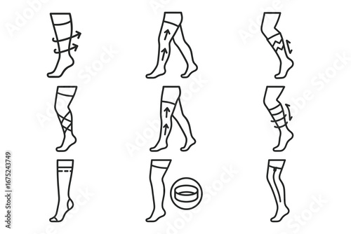 Compression socks icon set illustrating varied support levels and designs