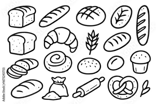Assorted bread and pastry icons: loaves, croissant, pretzel, bagel, wheat