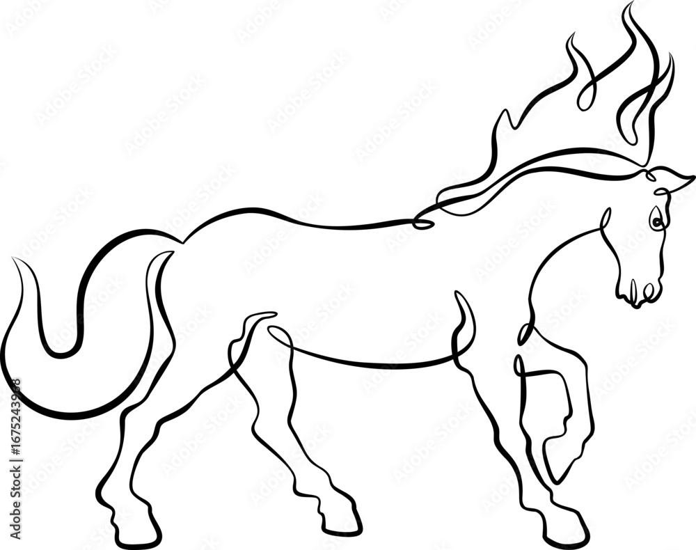 Obraz premium Continuous one line drawing beautiful horse. Symbol of the year 2026 is a fiery horse. One continuous line isolated minimal illustration.Not AI.