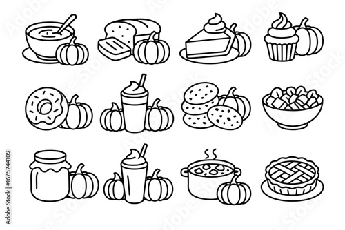 Autumn-themed food icons featuring soup, bread, desserts, and pumpkin decorations