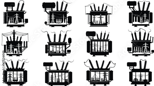 Electric power transformer vector set with transmission line, pylon, substation scenes inside, energy infrastructure illustration, industrial utility graphic.