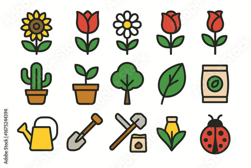 Colorful garden icons featuring flowers, tools, and insects