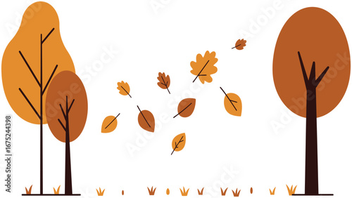 Minimalist flat vector of autumn leaves falling, clean and modern design, simple shapes, crisp lines, elegant seasonal atmosphere.