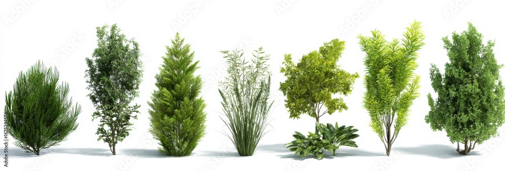 Fototapeta premium Collection of various green trees and shrubs with different shapes and textures arranged against a white background