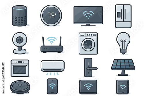 Smart home devices and appliances icons for modern connectivity