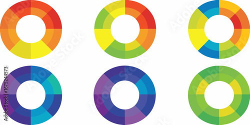 Six colorful circular color wheels with segmented segments arranged in a grid on a white background