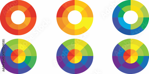 Six colorful circular diagrams showing color palettes and gradients on a white background
