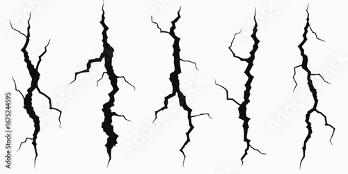Set of five black vertical crack illustrations on a white background