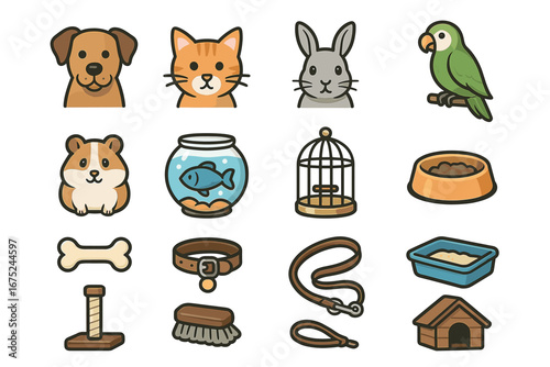 Cartoon icons of pets and accessories: dog, cat, rabbit, parrot, fishbowl, and supplies