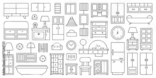 Collection of simple line art furniture and home decor items for interior design