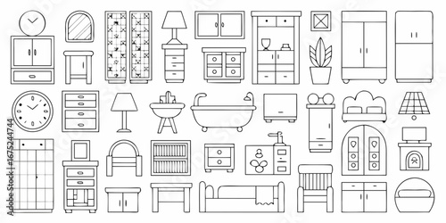 Collection of simple line art furniture and home decor items for interior design