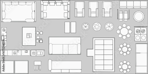Top down view of furniture layouts for living room and dining room arrangements