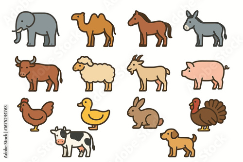 Cartoon farm and zoo animals in simple style with farm pets and wildlife diversity