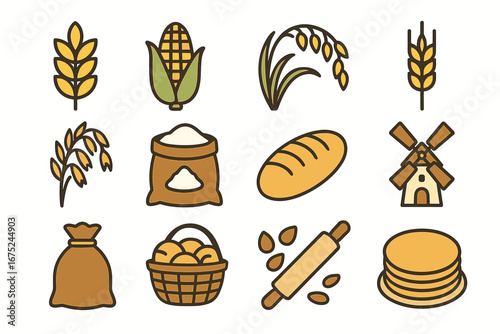Harvest symbols: wheat, corn, rice, mill, bread, and bakery icons