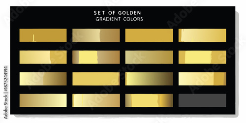 Collection of various golden gradient color swatches displayed on a black background with subtle shadows