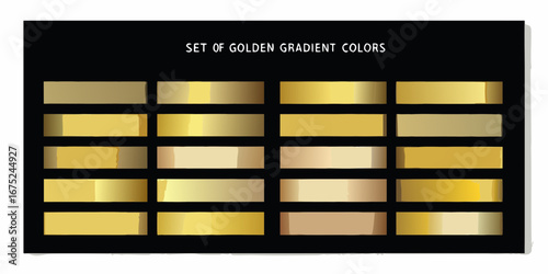 Collection of diverse golden gradient swatches with a metallic sheen on a black background