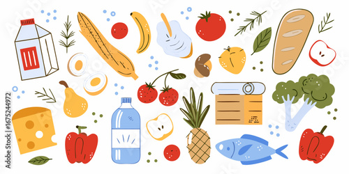Collection of colorful and healthy food items and drinks in a flat design style