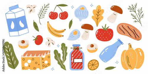 A vibrant collection of fresh food items and ingredients in a playful hand drawn illustration style