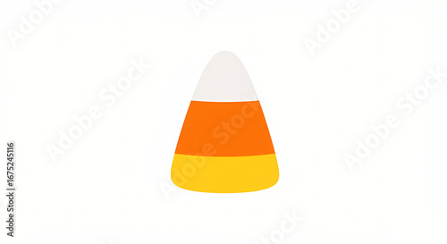 A single piece of classic candy corn with its iconic yellow, orange, and white layers, isolated on a clean white background, representing Halloween