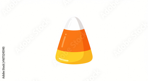 A single piece of classic candy corn with its iconic tri-color layers, isolated on a white background. A popular sweet treat for Halloween and autumn festivities