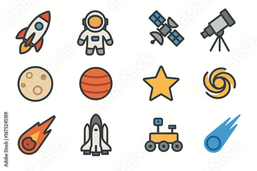 Space exploration icons: rocket, astronaut, satellite, telescope, planets, star, comet, rover
