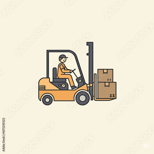 Line art icon of a warehouse worker operating a forklift, symbolizing supply chain logistics, freight transport, and package delivery services