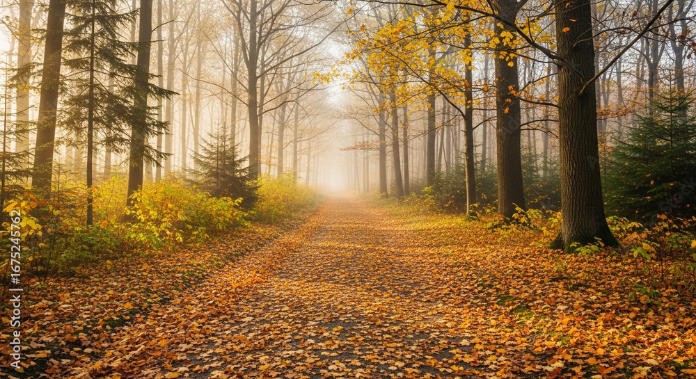 Fototapeta premium Wide forest path blanketed in golden autumn leaves with soft sunlight and gentle morning fog creating a serene, peaceful woodland atmosphere