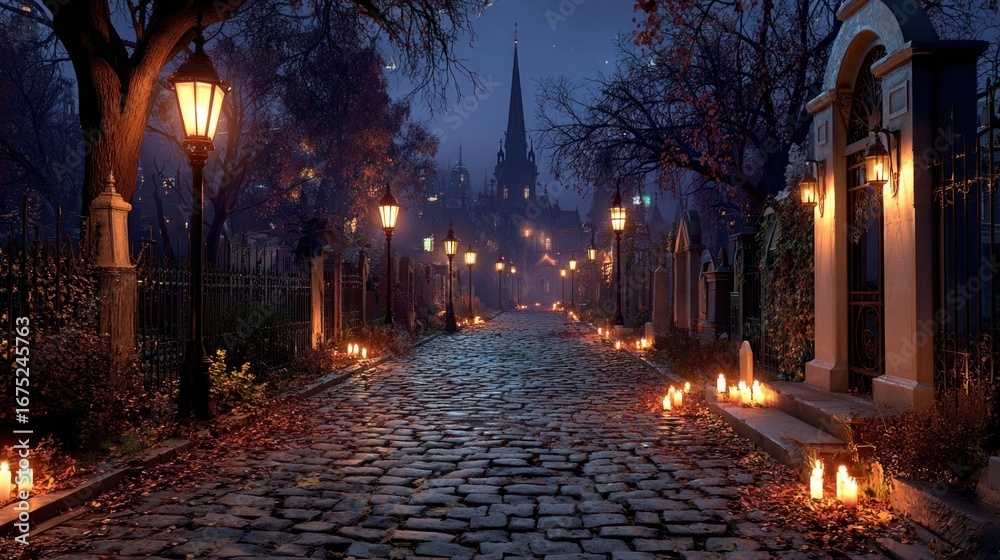 Fototapeta premium Halloween Night Scene in Cemetery