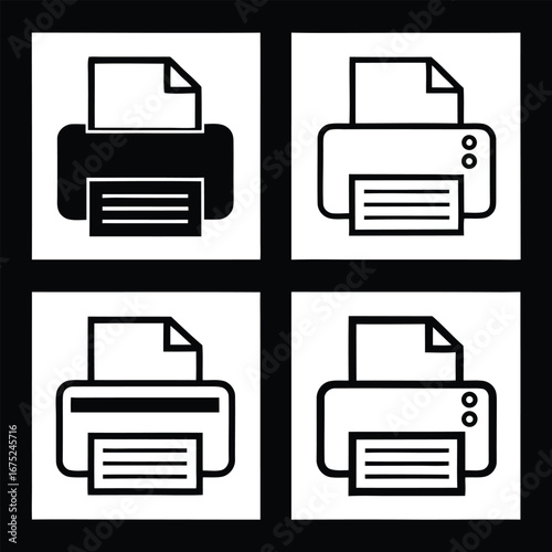 Simple line art icons representing printers printing documents in black and white styles