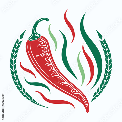 Vector art of a stylized red chili pepper surrounded by flames and wheat stalks, , symbolizing its fiery flavor and agricultural origins in a visually striking design