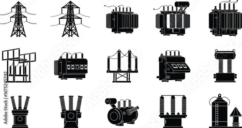 Electric power components, high voltage transformers, substation devices, switchgear equipment, utility infrastructure icons, vector energy transmission silhouettes, black illustration.