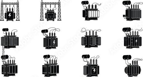 Electric transformer icons, high voltage energy equipment, substation power symbols, utility infrastructure, industrial electricity vector silhouettes, black isolated graphics.