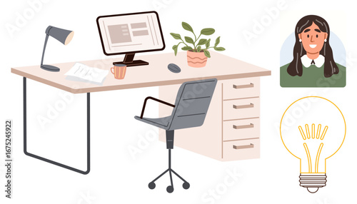 Desk setup with computer monitor, lamp, papers, plant, chair. Includes woman portrait and glowing bulb. Ideal for creativity, productivity, innovation home office business teamwork education