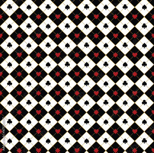 A visually striking, seamless pattern featuring red and black playing card suits (hearts, diamonds, spades, clubs) on a classic argyle-style background, perfect for diverse design needs.