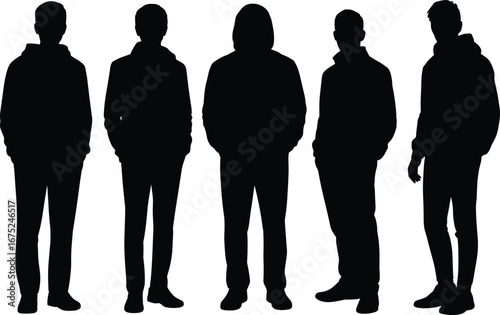 Silhouette of young people in hoodies, standing group, casual clothing, teenagers or adults, streetwear, black and white illustration.
