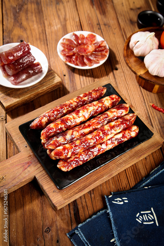 Variety of Dried Cured Meats Sausages and Jerky on Rustic Wooden Boards