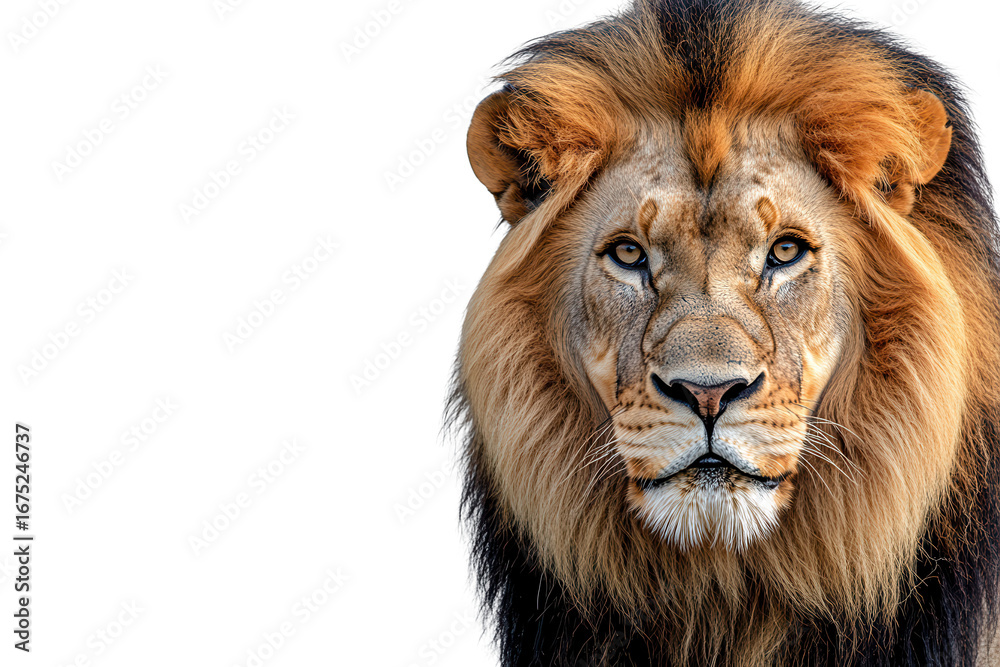 Fototapeta premium Majestic lion looking directly at the viewer with its proud mane illuminated against a light background in a serene setting