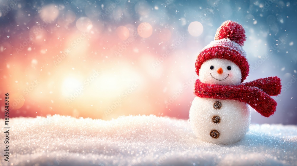 Fototapeta premium Cheerful Snowman in a Winter Wonderland with Snow and Sparkles