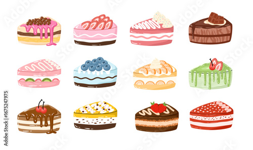 Slice of Cake with in various flavors. Vector set illustration 