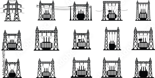 Electrical transformers and power substation silhouettes, high voltage equipment, energy distribution systems, industrial electrical infrastructure, power grid components, electric energy technology.