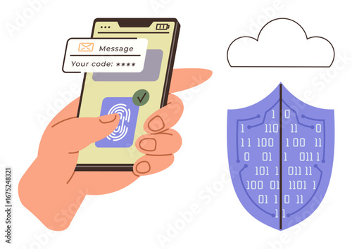 Hand holding smartphone with fingerprint scan, verification code message, shield with binary code, and cloud. Ideal for cybersecurity, data protection, authentication, privacy, technology mobile