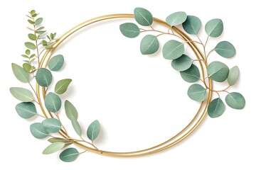Golden circular frame adorned with fresh green eucalyptus leaves and branches on a white background