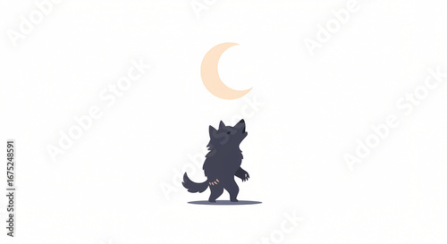 Adorable cartoon wolf cub gazing at the night sky with a yellow crescent moon, a whimsical and minimalist design