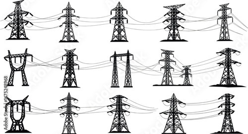 High voltage electric transmission towers, power lines silhouettes, energy infrastructure, electric grid system, industrial electricity pylons, utility poles, power distribution network.