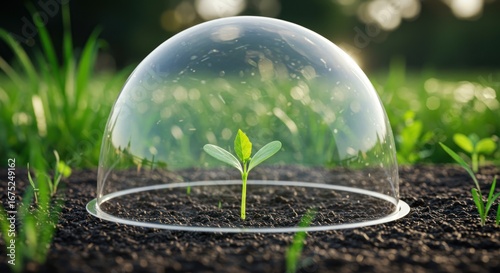 Young garden sprout protected under glass dome, symbolizing growth and care in a controlled environment