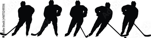 Hockey player silhouette sequence, dynamic motion of ice skater on rink, athletic sportsman in action, black and white flat vector illustration.