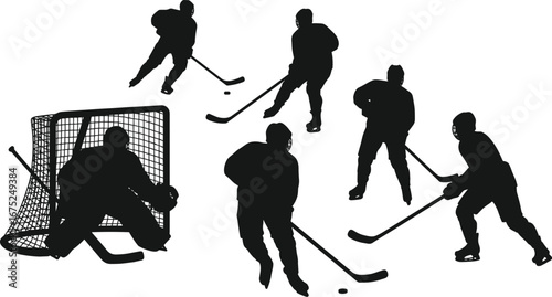 Hockey game silhouette set, dynamic sports scene with players and goalie, teamwork and competition, black and white flat vector illustration.