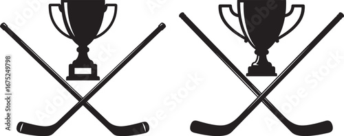 Two hockey trophies with crossed hockey sticks silhouette
