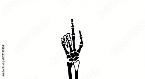 Minimalist black vector illustration of a skeleton hand pointing up. Isolated anatomical bone structure graphic representing number one, direction, or a macabre Halloween symbol