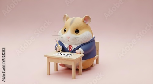 3D Hamster in a suit working at a desk.
